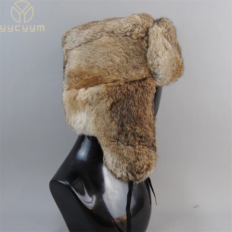 Mens Caps Warm Natural Rabbit Fur Bomber Hat With Earflaps Winter Unisex Warm Russian Ushanka Hat Rabbit Fur Hats 241227