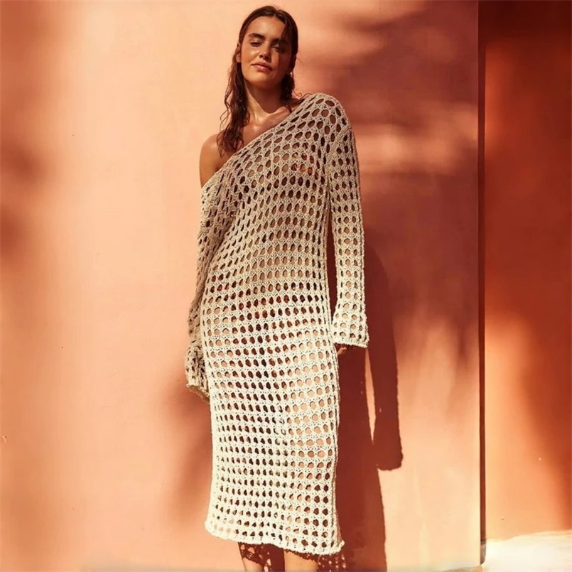 Para Praia Hollow Out Knitted Long Dress Beach Dress Bikini Cover Swimwear Cover Ups Sexy Beach Outfits for Women Beachwear 250314