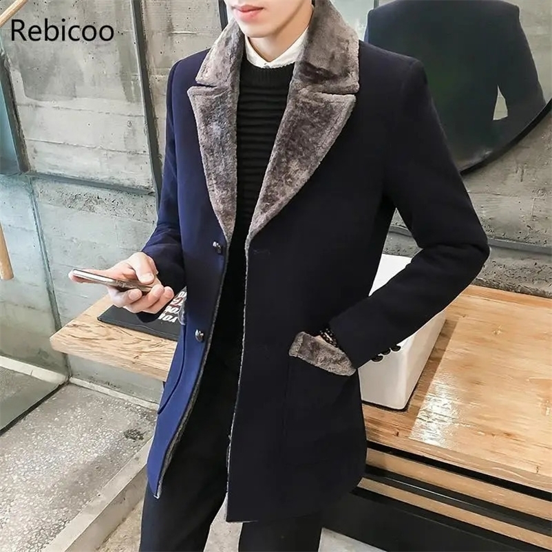 Fur Collar Trench Coat Men Wool Blend Winter Coat Slim Fit Men Manteau Homme Mid-Long Black Grey Mens Trench Coat Blue S~5XL 241223bj