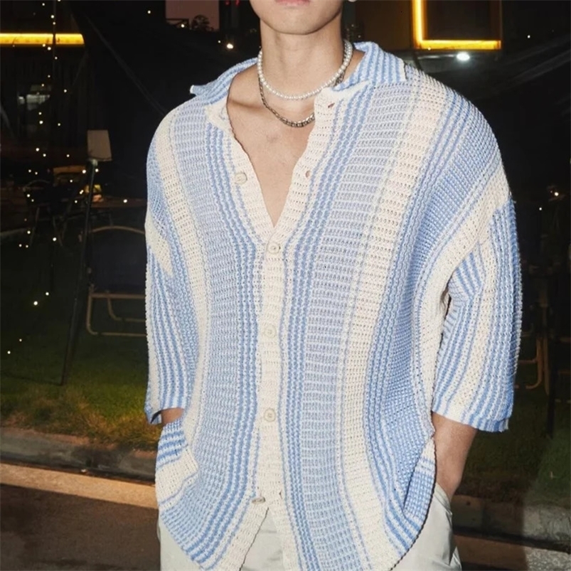 Fashion Contract Color Short Sleeve Button Lapel Tops Men Clothing Casual Loose Beach Cardigan Summer Mens Knitted Shirts 240708