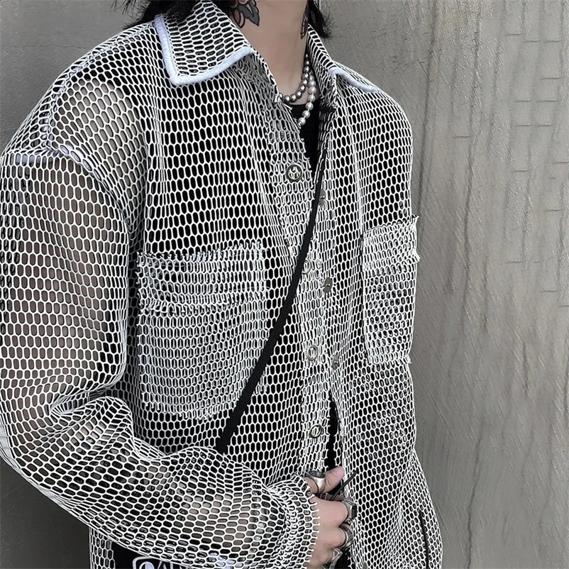 Mens Harajuku Mesh Top Mens Casual Loose Super Complete Matching Shirt Harajuku Street Clothing Retro Korean Blusas Sunscreen 240821bj