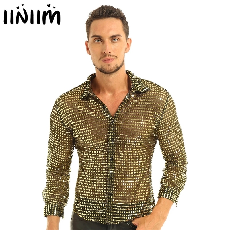 Mens Tuxedo Shirts Shiny Sequins See Through Mesh Long Sleeve Clubwear for Night Party Show Dancing Performance Top Shirt 240615