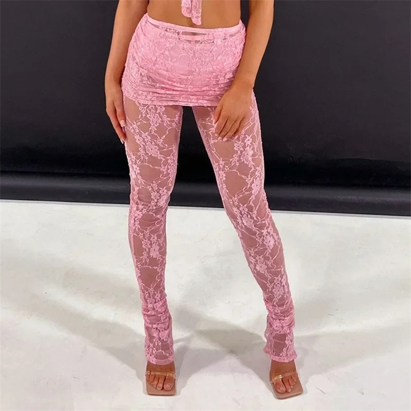 Pink Sexy Hollow Out See Through Lace Flower Leggings Women Skirt Pants Summer Spring Fashion High Waisted Y2K Pantalones 250226