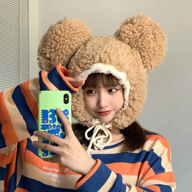 New Bigear Bear Cashmere Bomber Hats Women Fluffy Hat with Ears Autumn Winter Cute Pullover Earmuffs Warm Cap BandageXJ250923