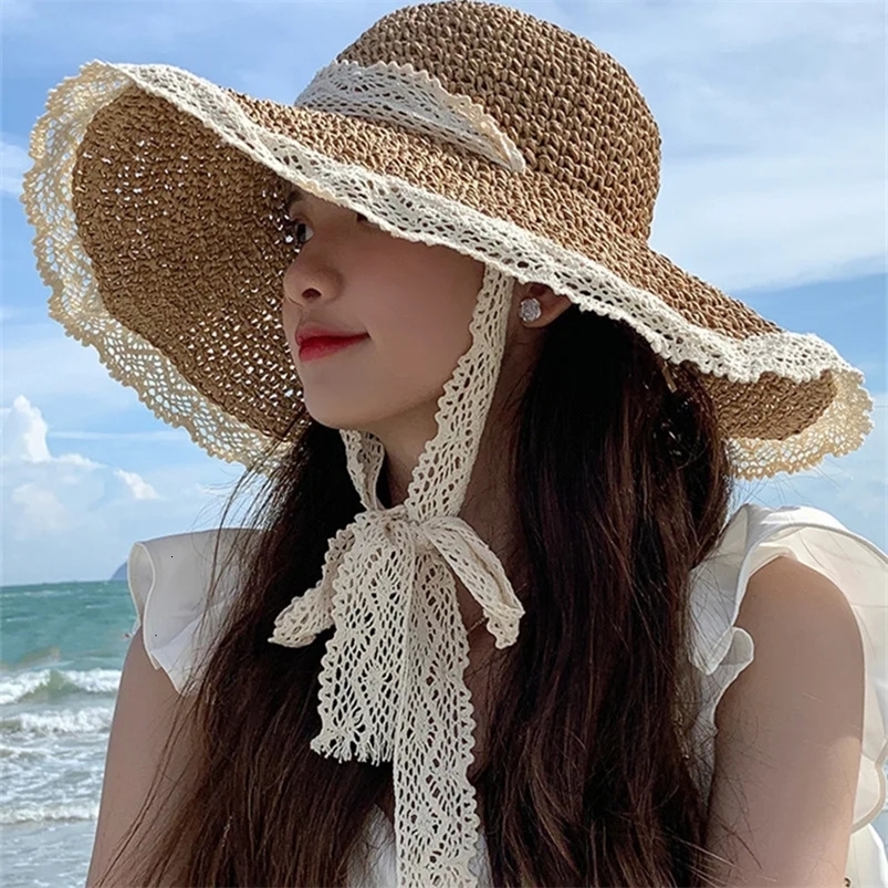Womens Summer Visors Hat Foldable Sun Hat Wide Large Brim Beach Hats Fashion Lolita Hat Chapeau Femme Beach UV Protection Cap 240426
