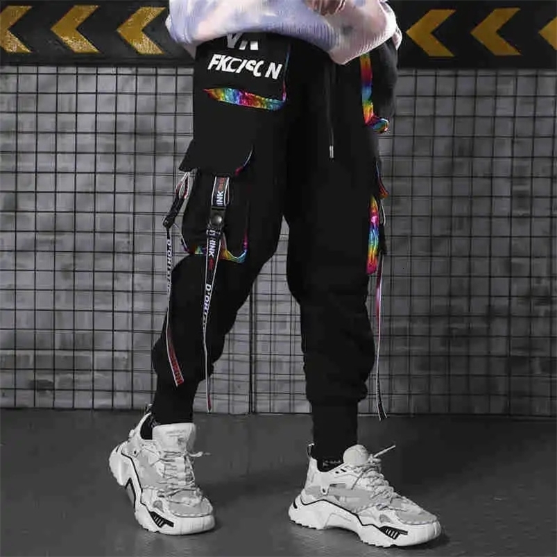 Hip Hop Joggers Men Letter Ribbons Cargo Pants Pockets Track Tactical Casual Techwear Male Trousers Sweatpants Streetwear 240820