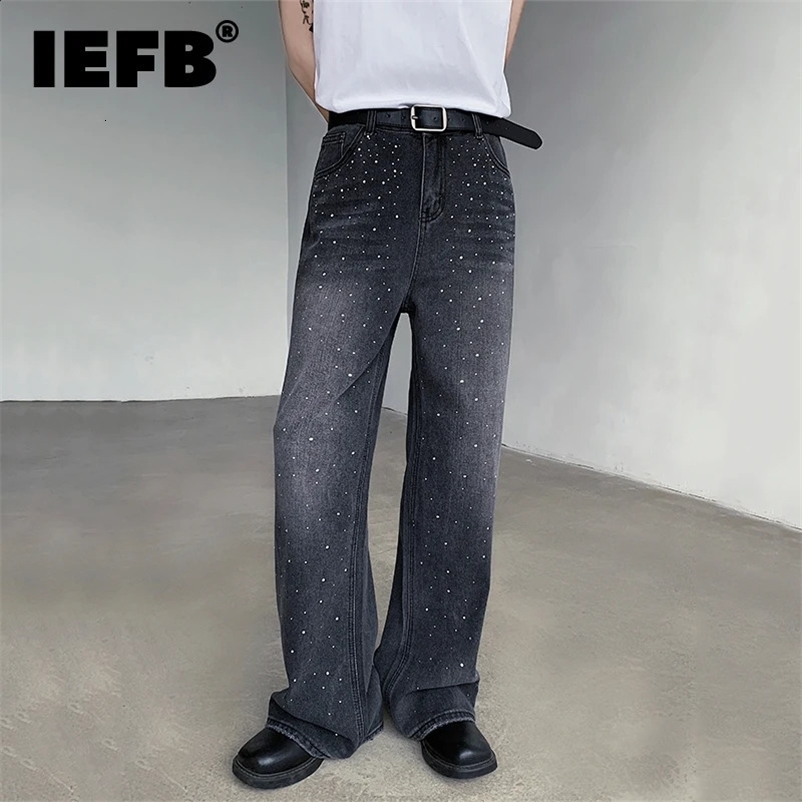 IEFB Street Mens Jeans Set Diamond Wear Straight Mens Jeans Loose Wide Leg Casual Mens Jeans Summer Fashion 9C6407 241206bj