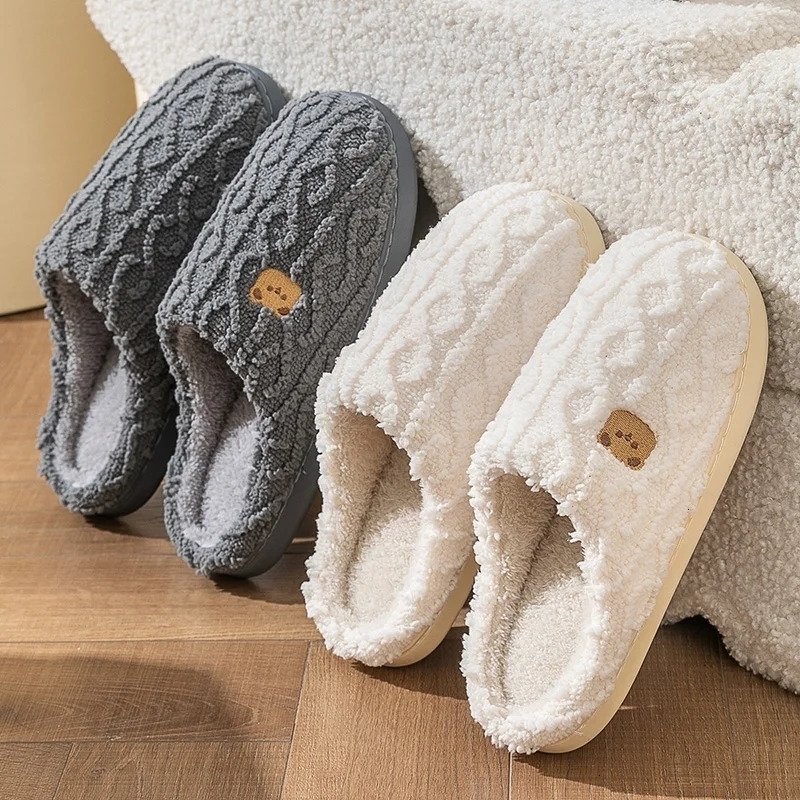 Plain Striped Home Slippers Women Winter 2024 Soft Sole Anti Slip Cotton Shoes Woman Indoor Warm Soft Plush Slippers 241025