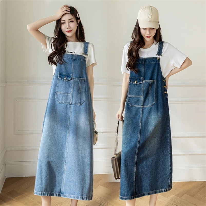 S-5XL Women Denim Dresses Spring Summer Big Pocket Loose Casual Mid Length Jean Suspender Straps Dress Female Vestidos 240828