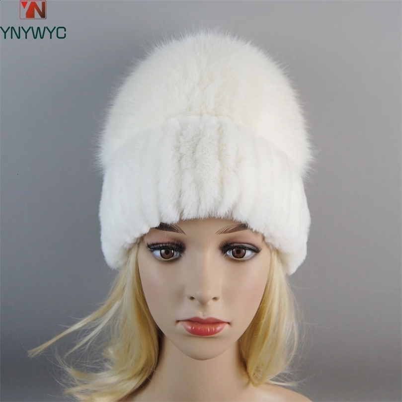 Russia Lady Winter Real Fur Hat Women Warm Knitted Genuine Rex Rabbit Top Natural Fox Bomber Caps Cap 241220