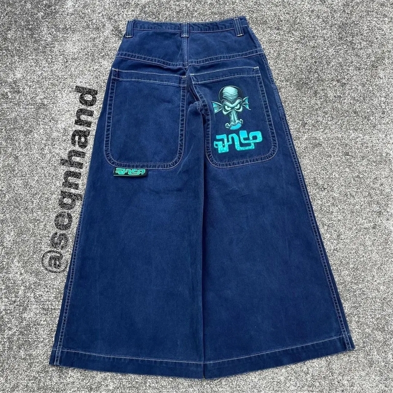 Casual jeans American large pocket skull print washed wide leg jeans Y2K hip hop street loose denim mens and womens trousers 240708
