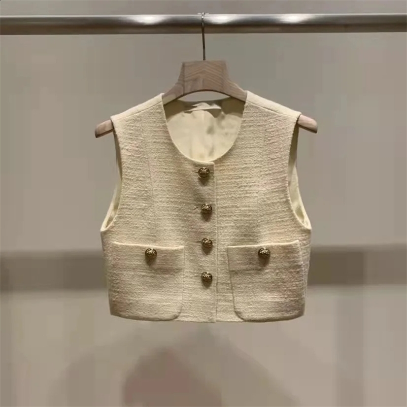Spring Autumn Tweed Vest Elegant Fashion Short Single Breasted Cardigan Women Korean Casual Loose Sleeveless Coat 240823