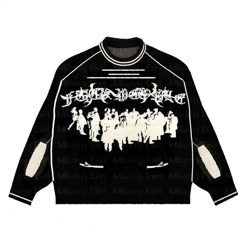Hip Hop Streetwear Knitted Sweater Men Women Gothic Hassett Pattern Oversized Sweater Pullover Winter Harajuku Cotton sweater 241116