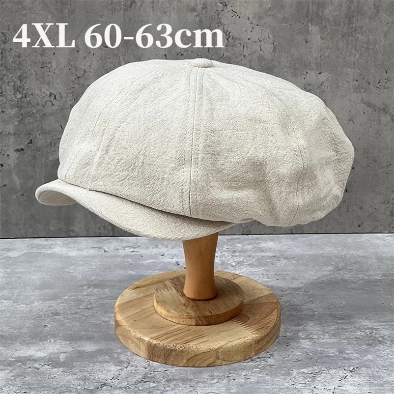 Cotton Linen sboy Caps Plus Size 63CM Men Spring Summer Thin Retro Beret Hat Fashion Casual Octagonal Hats 250403bj