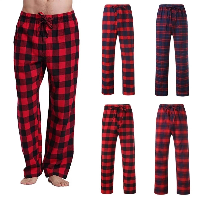 Men Home Wear Straght Casual Business Pants Cotton Super Soft Men Jogger Sweatpants Flannel Plaid Pajama Pencil Pants Red 240820