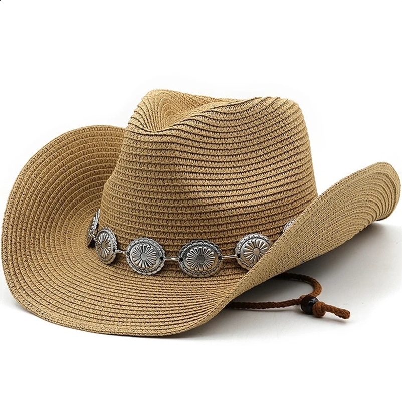 Summer Men Women Straw Hollow Western Cowboy Hat Elegant Lady Punk Sombrero Hombre Cowgirl Outdoor Jazz Beach Sun hat 250318bj