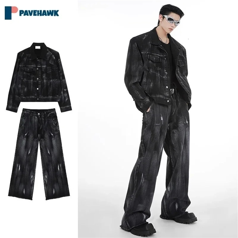 Hip Hop Wash Denim Set Man Korea Loose Autumn Graffiti Cowboy Jacketscasual Wide Leg Jeans Two Piece Sets Male Harajuku Suit 240415