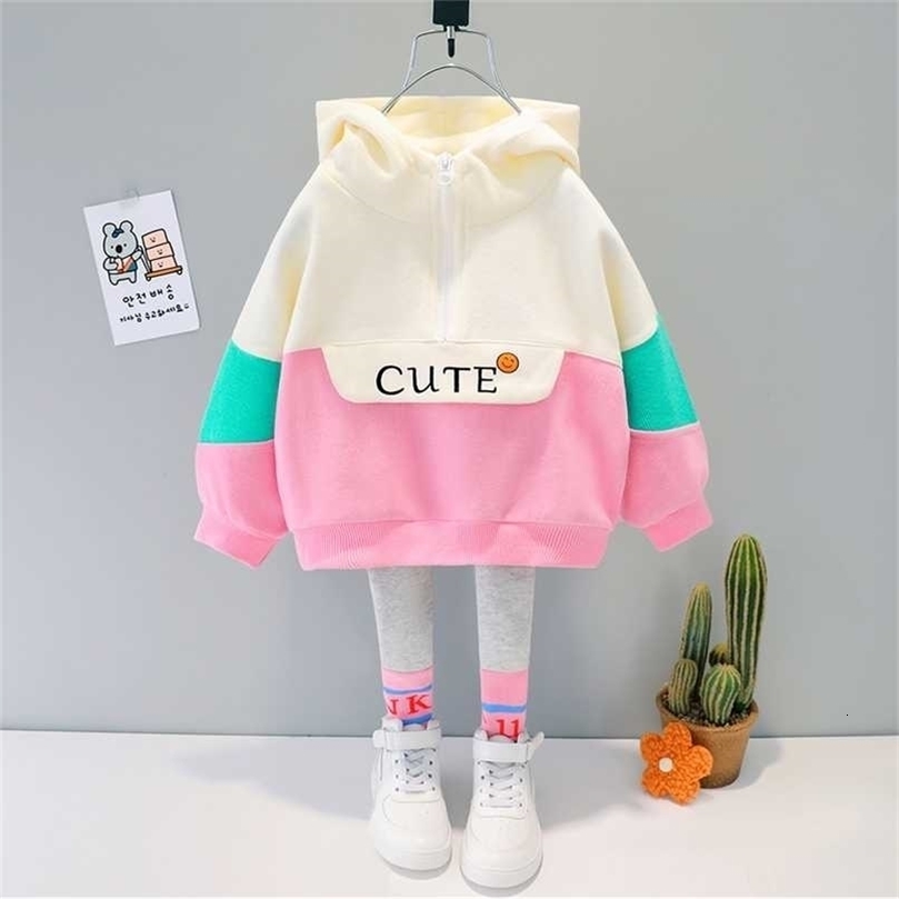 Infant Baby Girl Hooeded Casual Clothes Outfit Set Spring Letter Top Solid Color Long Trousers 1 2 3 4 Years 211021