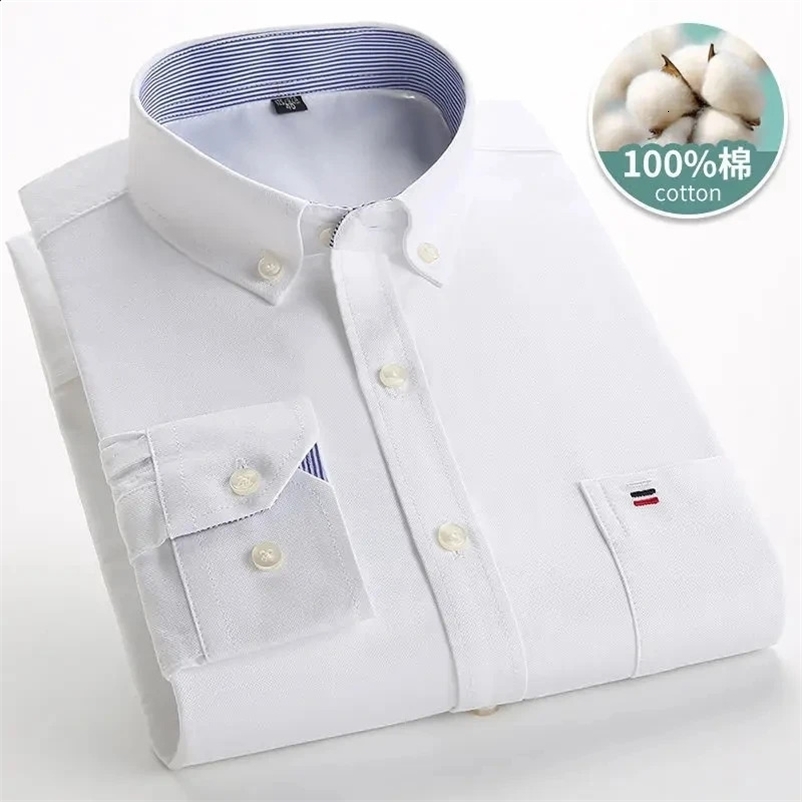 100% pure cotton Oxford mens long sleeved plain weave soft formal dress pocket social shirt mens clothing S-7XL240810bj