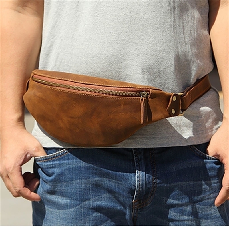 Genuine Crazy Horse Leather Waist Packs For Men mini Travel Fanny Pack Belt bag Male Small Waist Bag Phone Pouch Men Summer bag 250103bj