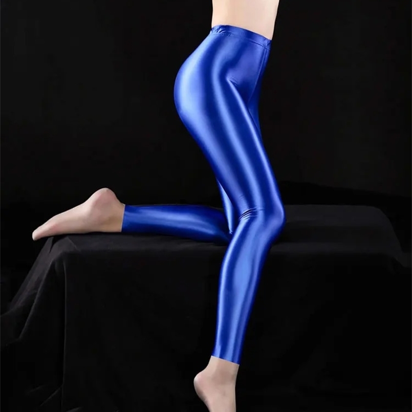 Sexy Women Shiny Pencil Pants Elastic Oil Glossy Tight Smooth See Through Pack Hip Leggings Sheer Leoated Dance Wear Candy Color 250226