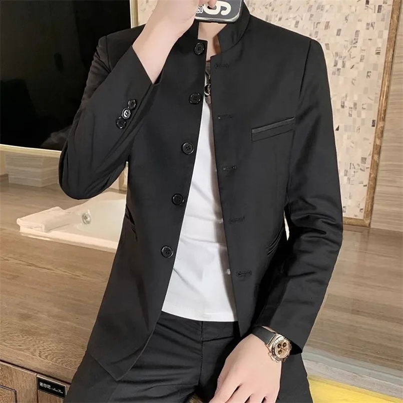 Black Chinese Style Stand Collar Long Sleeve Mens Slim Fit Fashion Blazer Single Breasted Blazers Jacket 250122