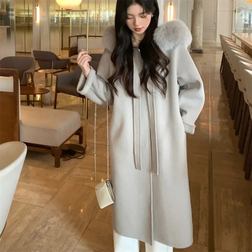 Long Loose Hooded Collar Tie Up Wool Coat 2024 Autumn Winter Female Fashion Double sided Wool Real Fox Fur Jacket for Women 240824bj