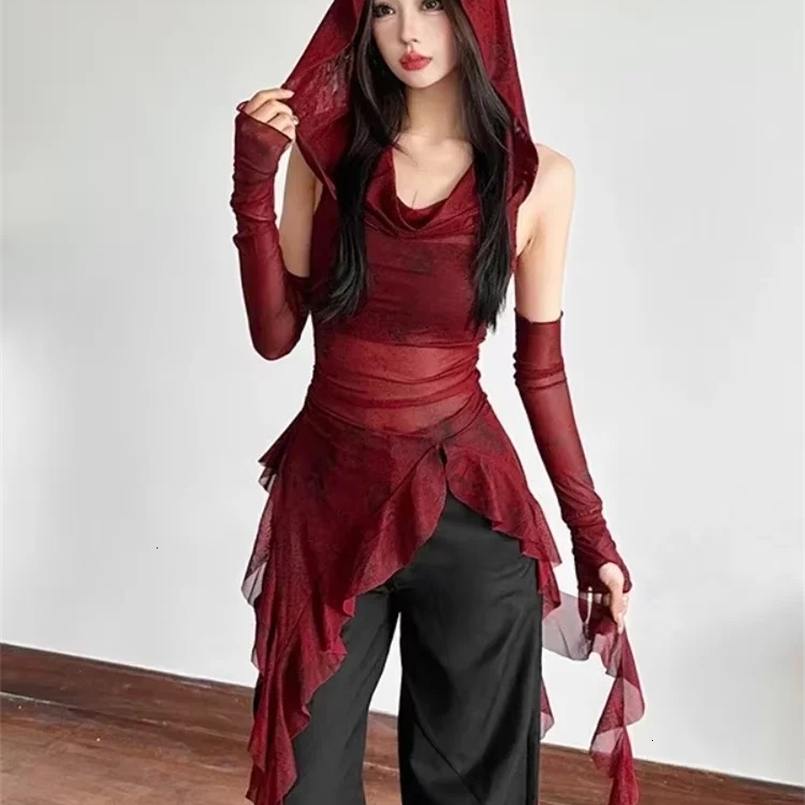Y2K Vintage 90s Grunge Mesh See Through Hooded Tops Streetwear Irregular Hem Ruffles Hoodie Women Slim Blouse with Cuffs 250418