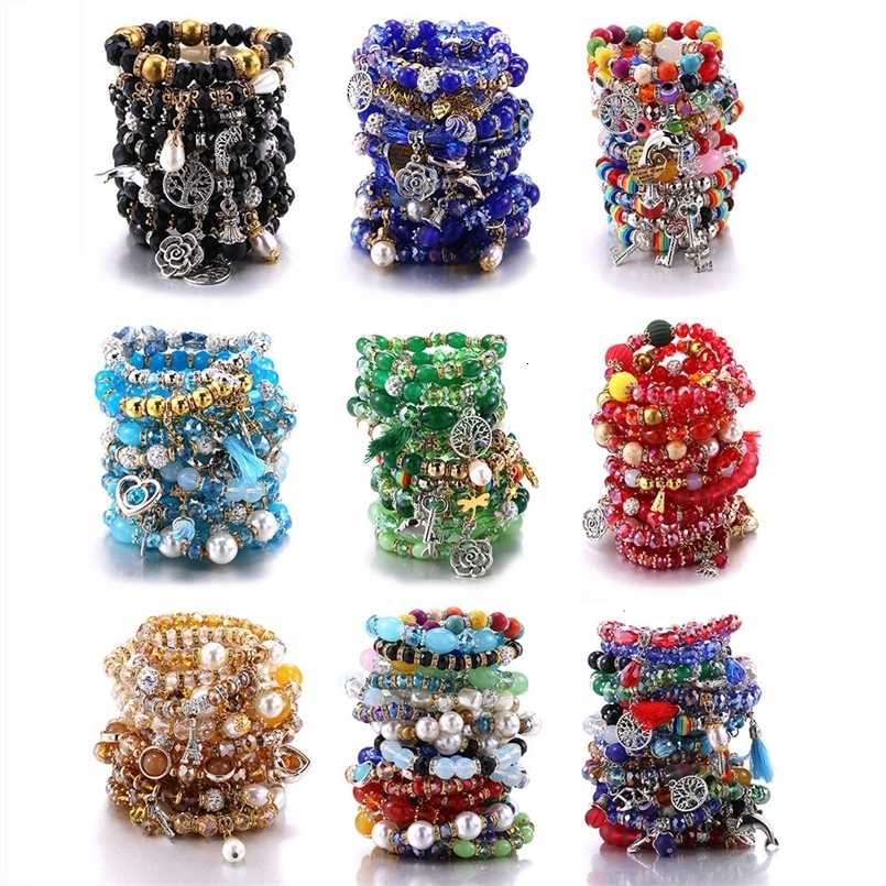 Charm Bracelets 10pcsset Mix Color Tree Flower Heart Alloy Pendant Beads Bohemian Bracelet Natural Stone Wristband Bangles For Party 230511