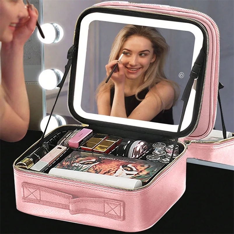 LED Lighted Cosmetic Case With Mirror PU Leather Portable Travel Makeup Storage Bags Waterproof Travel Makeup Bag 250227