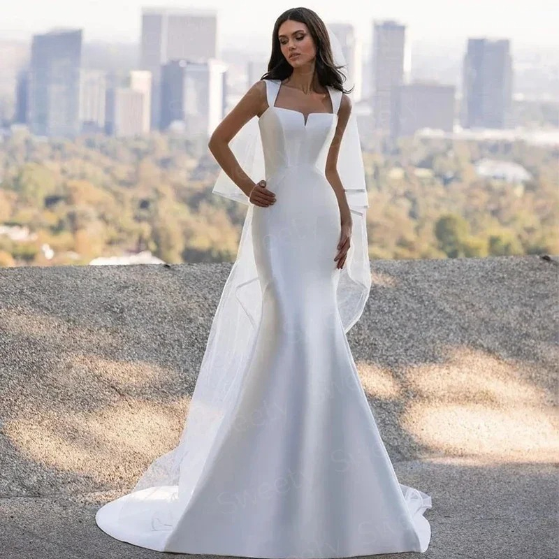 Simple Satin Mermaid Wedding Dresses With A-Line Floor Length Square Collar Sleeveless Bridal Vestido De Novia Customized