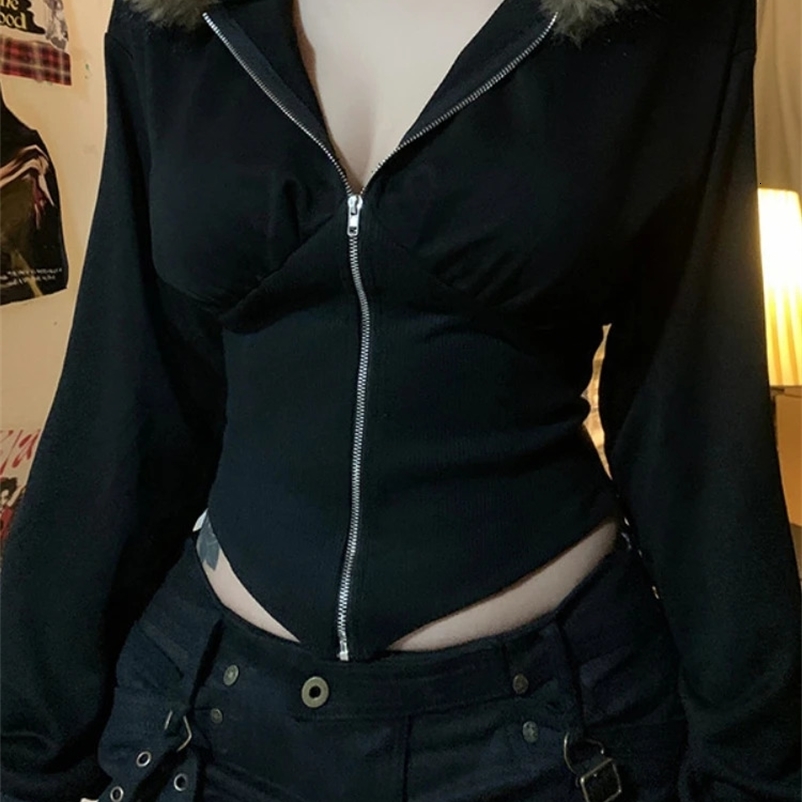 AltGoth Vintage Streetwear Gothic Sweatshirt Women Harajuku Cyber Punk Fur Hem Hooded Zip-up Top Y2k E-girl Corset Outfits Femme250120bj