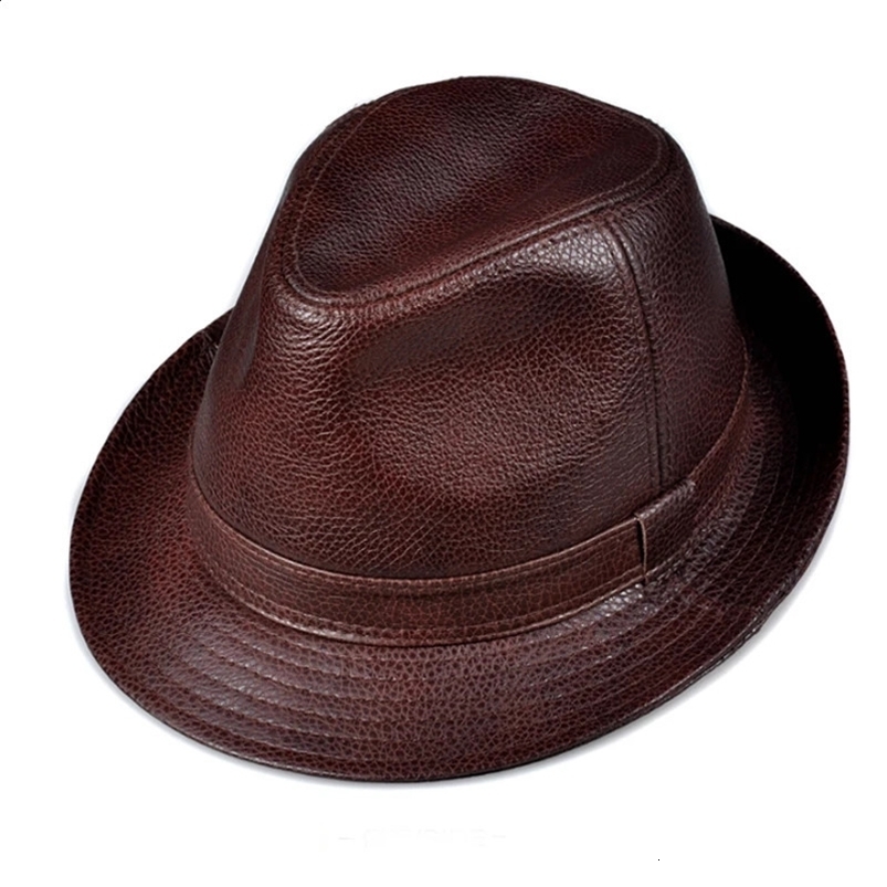 2024 Man High Quality Genuine Leather Jazz Fedora Gentleman Cow Skin Short Brim BlackBrown Top Hat Male Shows Topper 240731