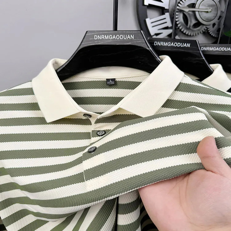 Fashion Contrast Stripe Long sleeve POLO Shirt Mens autumn High Quality T-shirt Polo Collar Korean Casual Youth Top 250417