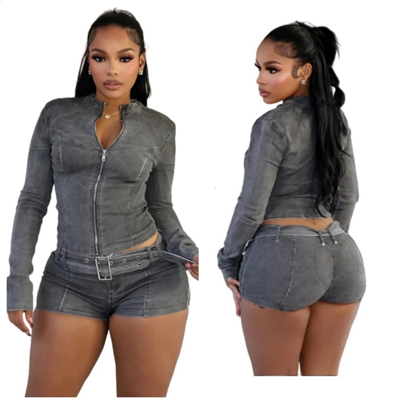 Sexy Denim Womens 2 Two Piece Set Stretchy Long Sleeve Zip Up Slim Jackets and Shorts Suits Y2k Streetwear Belt Jean Outfit Sets250120bj