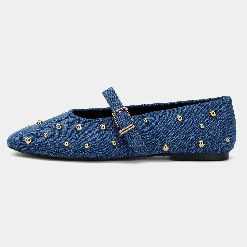 Fashion Round Round Metal Rivets Ballet Femmes Femmes confortables Boucle peu profonde Mary Jane Chaussures Chaussures plates en jean bleu de hau