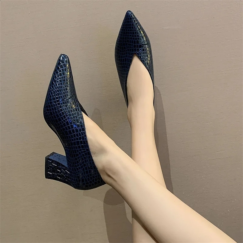 Vintage black Soft Leather Shallow Pointed Toe Thick Heel Womens Flats Spring Summer High Heel Versatile High Shoes 250513