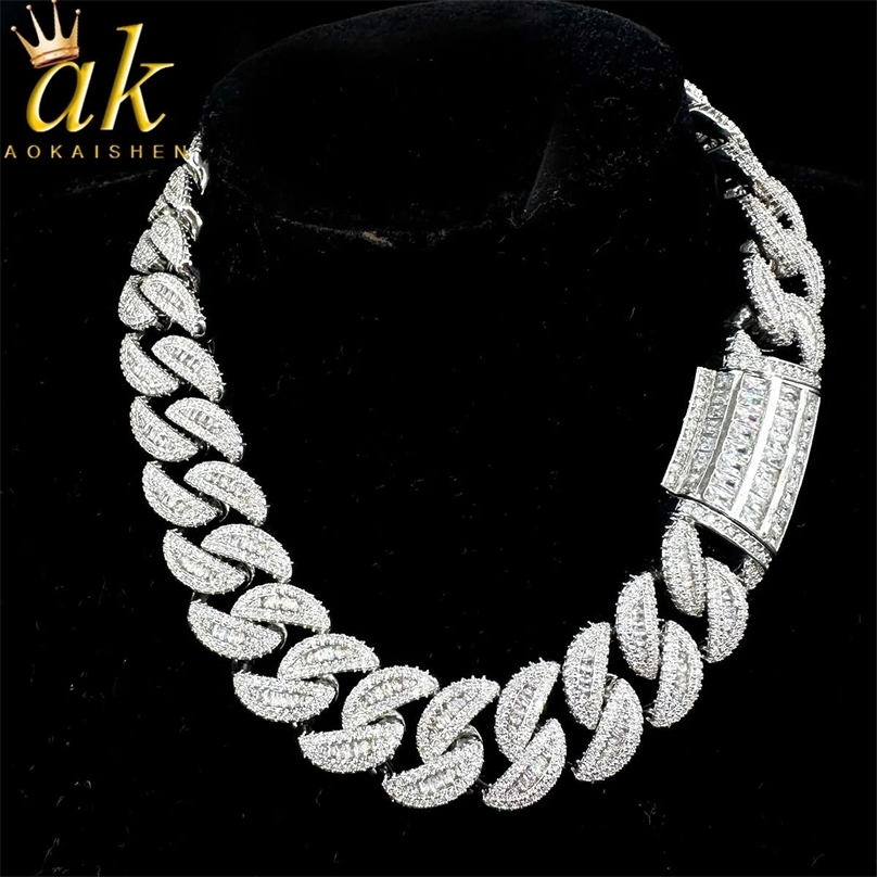 Baguette Cuban Link Chain for Men Iced Out Prong Setting Necklace Choker Real Gold Plated Hip Hop Jewelry 240313