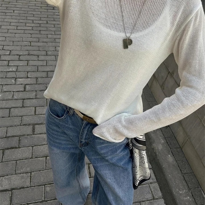 Elegant Knitted Hollow Out Pullovers Women Loose O-neck Long Sleeve See Through Jumper 2024 Summer Y2k Chic Lady Beach Sweater 250121