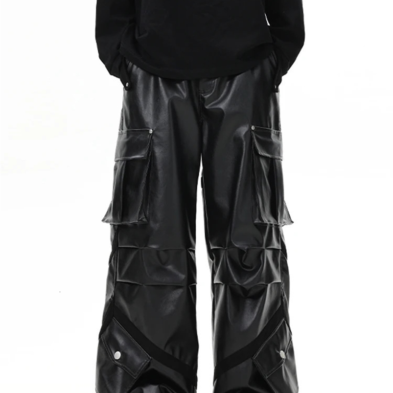 Mauroicardi Autumn Long Cool Black Baggy Pu Leather Wide Leg Cargo Pants for Men Three-dimensional Pockets Loose Casual Clothes 240816