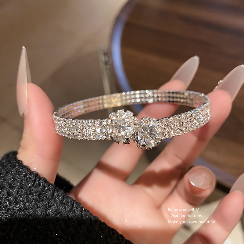Silver - Toned Rhinestone - Encrusted Bangle Bracelet With Double Crystal Accents Delicate Daily & Elegant Jewelry Gift For Her High - Quality And C