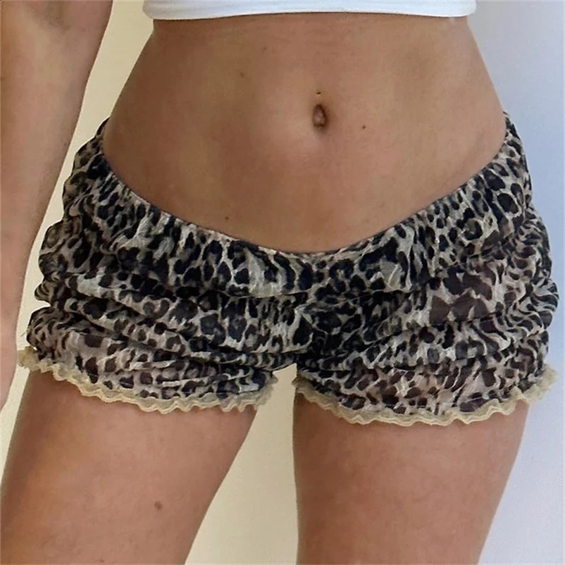 Retro Y2K Women Kawaii Leopard Printed Shorts Ruffle Vintage Cottage Shorts Elastic Slim Fit Bloomers Pants Fashion Streetwear250222bj