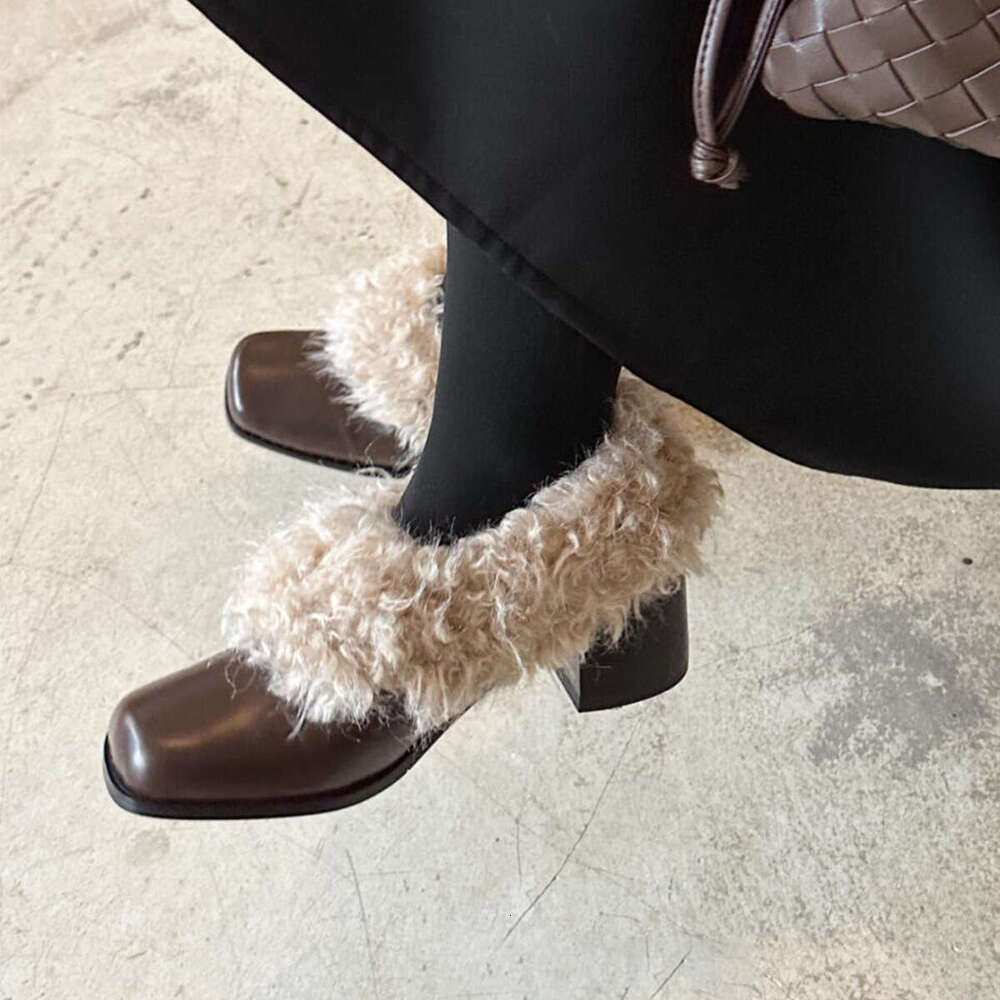 Sheepskin Version Square Toe Genuine Designer Shoe Leather Slip-On for Women, Fleece- Warm Cotton Shoes, Fluffy Elegant High-Heeled Women's Sho