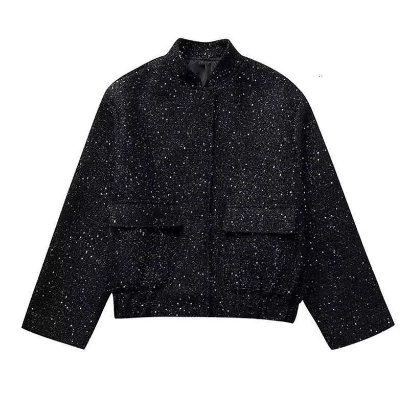 Nlzgmsj Women Shiny Sequin Jacket Y2k Gold Color Stand Collar Long Sleeve Short Coat Autumn Winter Ladies High Streetwear250324bj