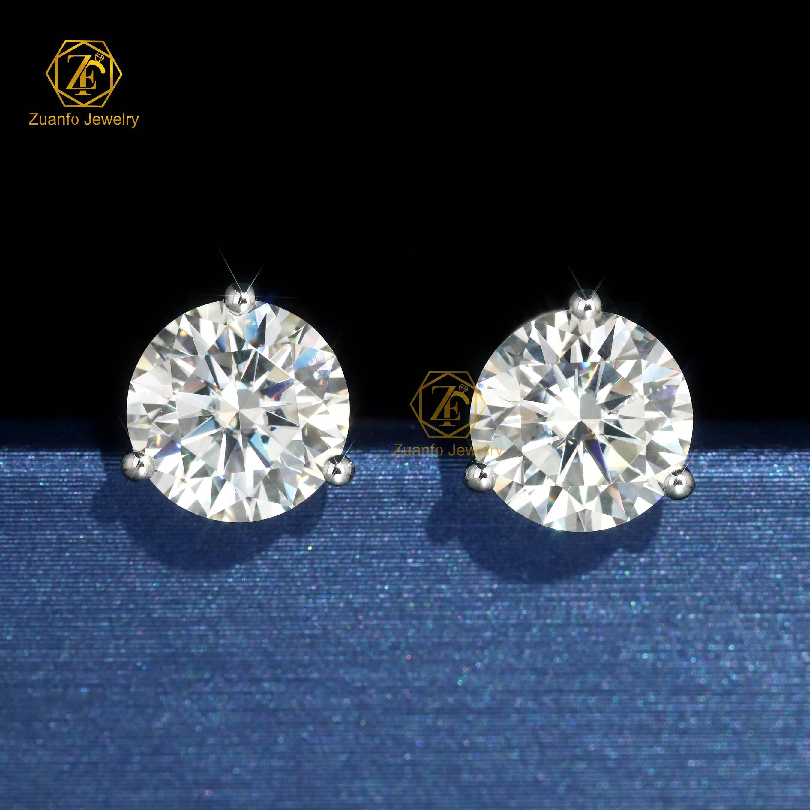 Custom Fine Jewelry Earrings Three Prongs Setting Moissanite Diamond Earrings 65mm 1ct 18k Solid Gold Women Stud Earrings