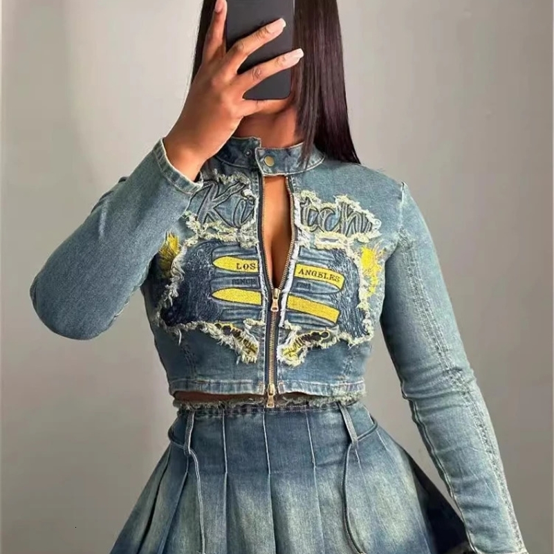 CM.YAYA Denim Womens Set Letter Embroidery Full Sleeve Jacket and Pleated Skirts Suits Streetwear Sexy Two 2 Piece Set Outfits 240812
