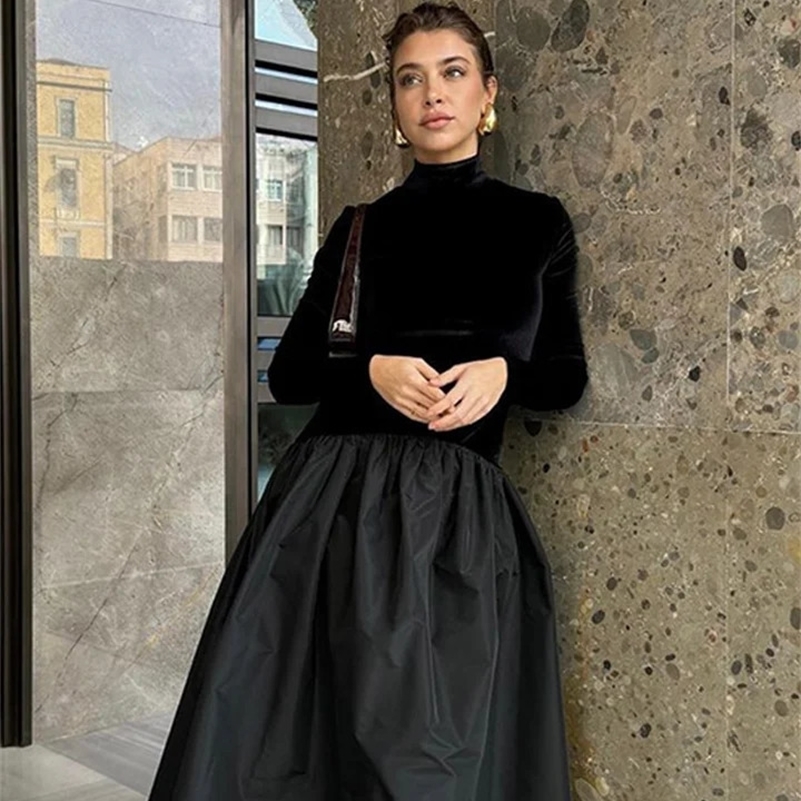 Elegant Patchwork Velvet Pleated Mini Dress Fashion Black Half High Neck Full Sleeves Slim Robes Women Night Club Party Vestidos 250305