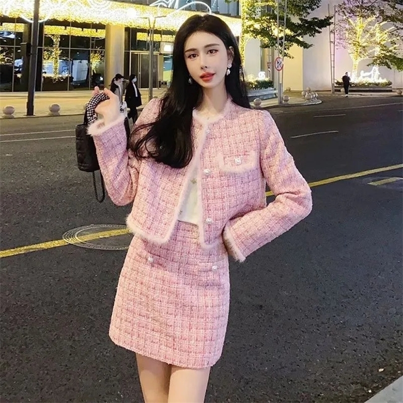 Lnsozkdg Fashion Suit Autumn Winter Short Jacket Female Two-piece Sets High Waist Hip Skirt Sexy Womens Clothing Korean 250113