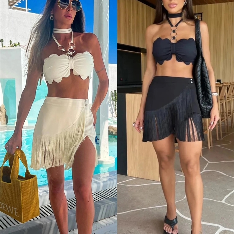 Summer Sexy Tassel Women Two Piece Bikini Set Halter Lace Bra Tassel Mini Skirt Suit Beach Vacation Casual Female Bathing Suit 250319