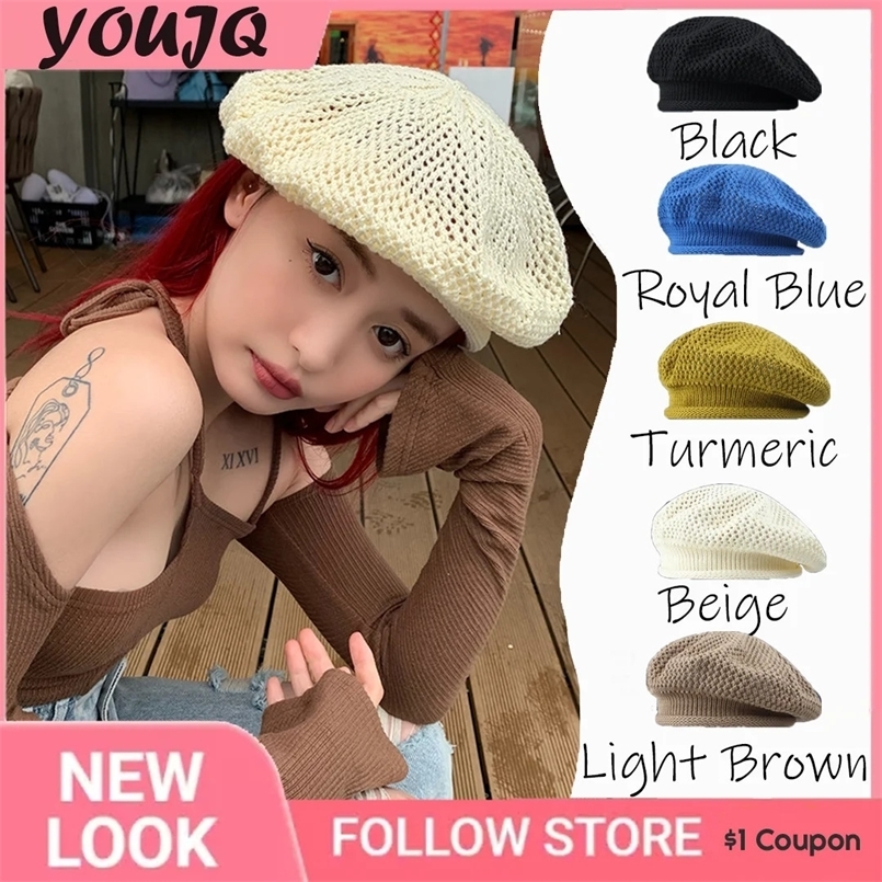 Berets Y2K Openwork Breathable Knitted Beret Spring and Summer Thin Painter Hat Solid Color Hand Hook Beanie 231018